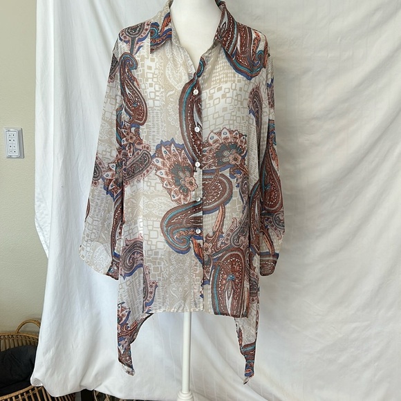 Chico’s 3/4 Sleeve Crème/Tan Paisley Print Blouse Sz 3 - Picture 1 of 14